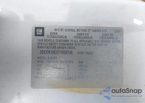 2007 Chevrolet Silverado 1500 Work Truck z USA, uszkodzony, nr VIN 2GCEK19C071650738